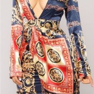 Fashion Nova Blue and Red Bodycon Dress with Plunge Neckline